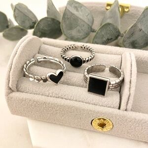 925 Sterling Silver Geometric Black Ring Heart Square Circle Ring Dainty Ring
